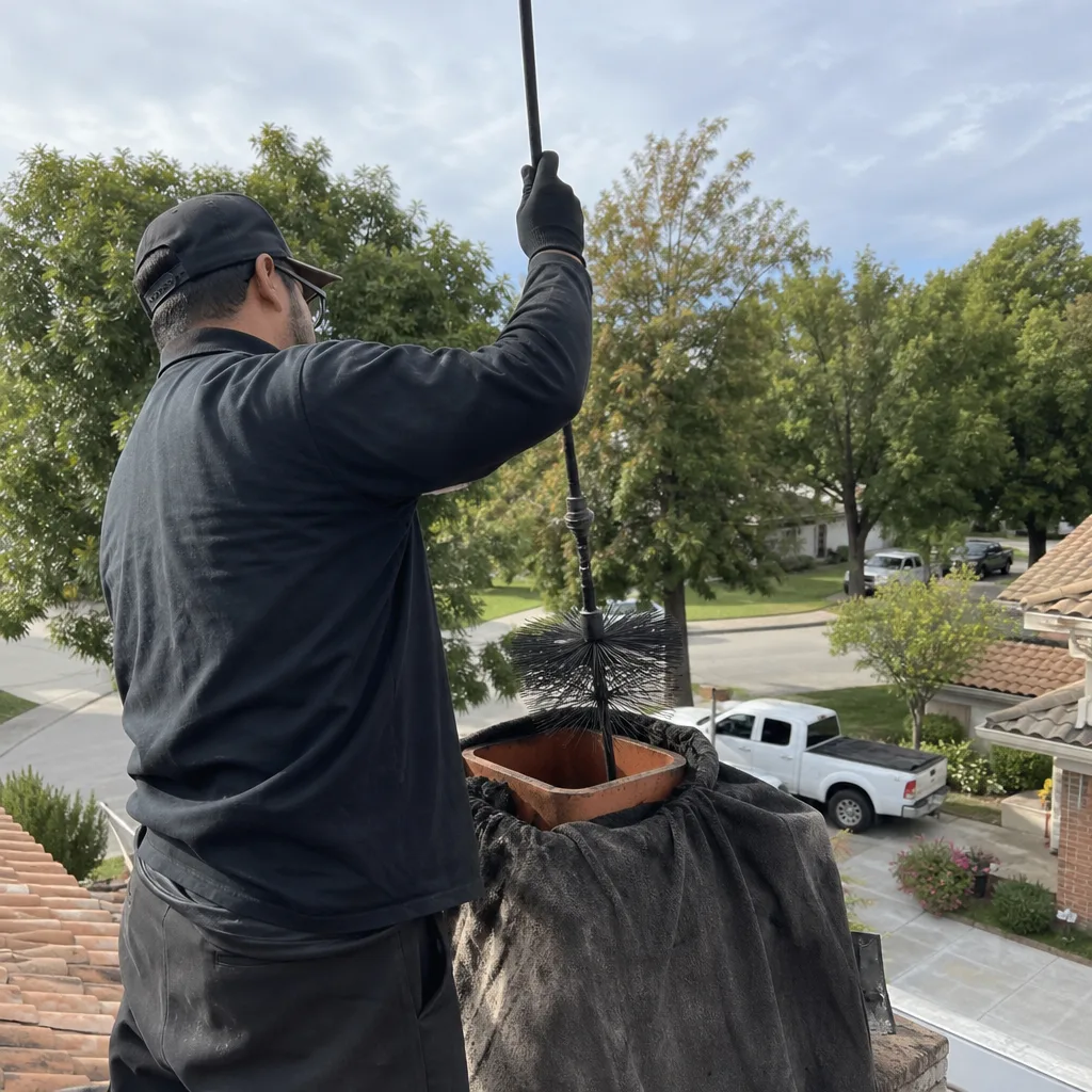 Professional chimney sweep cleaning a chimney flue from a roof