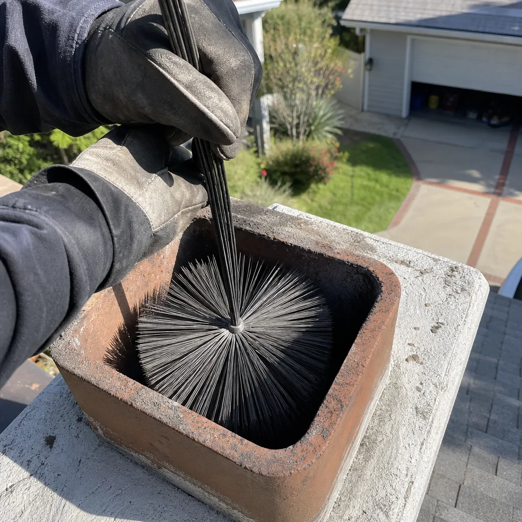 Professional chimney sweep cleaning a fireplace flue with a wire brush.